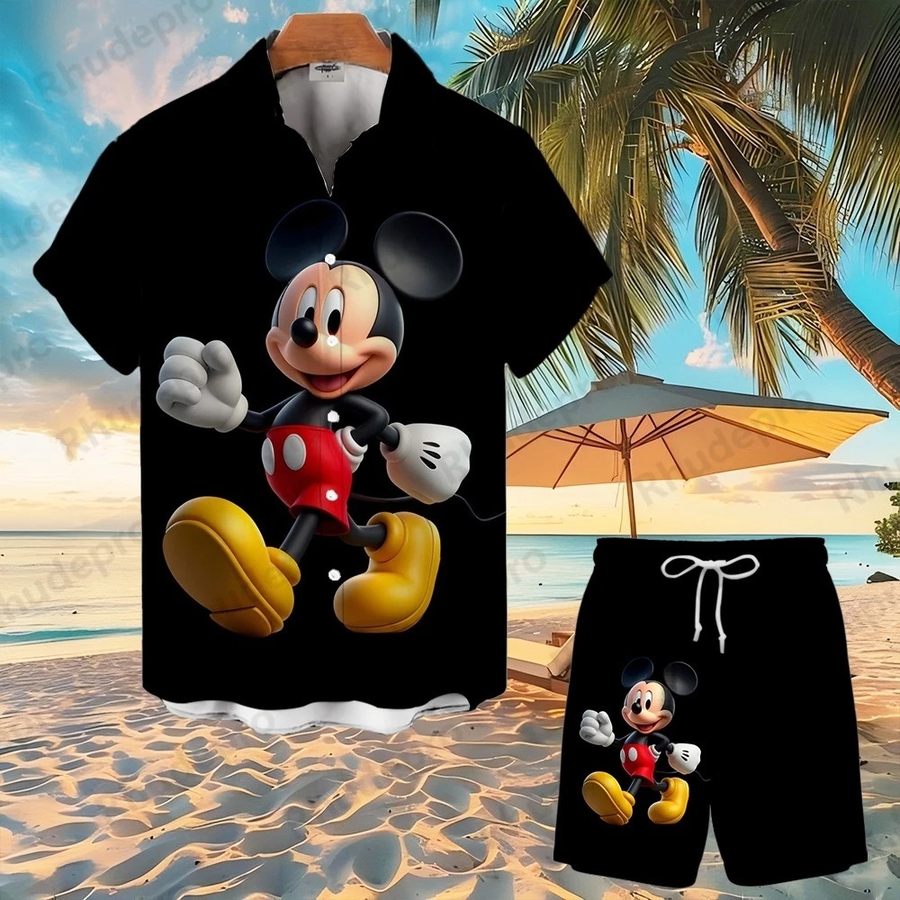 Disney Summer Mickey Mouse Button Shirt Set Cartoon Beach Shorts Hawaiian Men Women Shirt Short Sleeve Shorts Shirt Suit