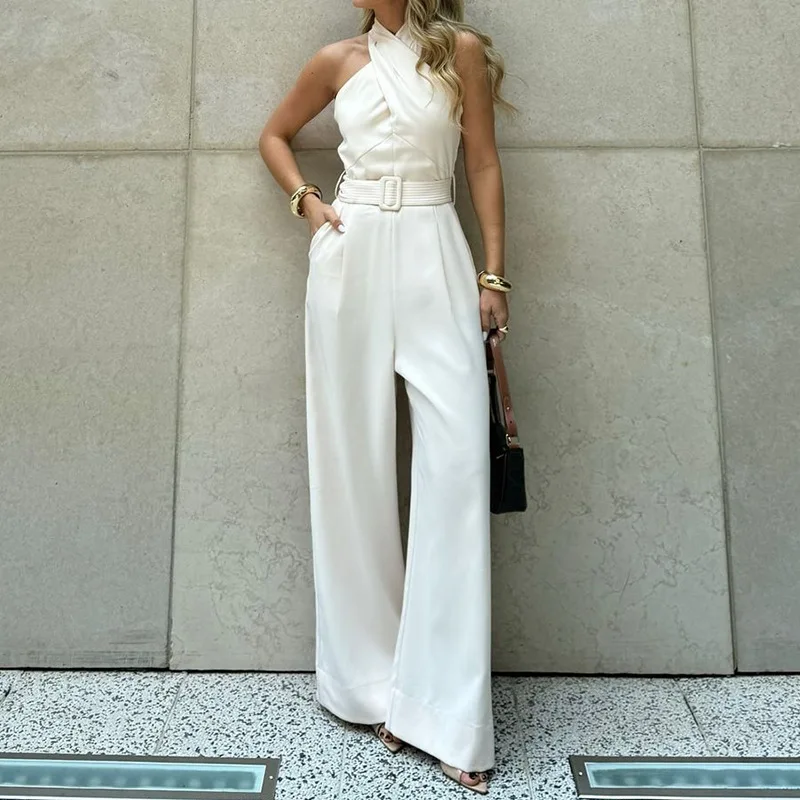 

Fashionable Straight Leg Neck Hanging Jumpsuit Women Sexy Evening Gown High Waist Street Style Casual Pants Other Material