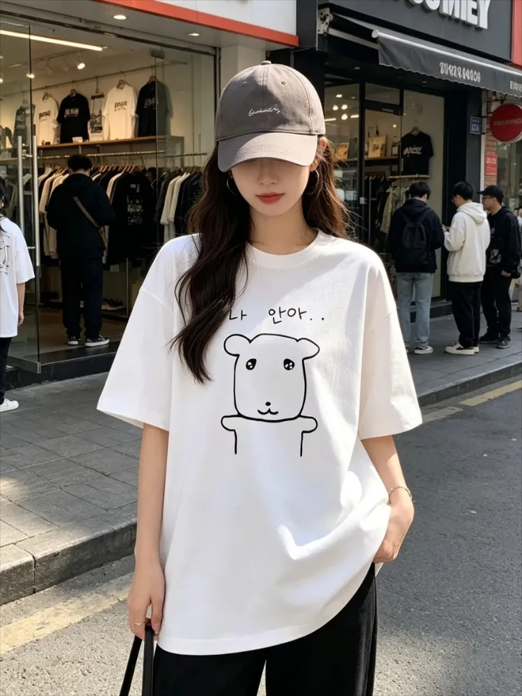 New Summer Elegant S Loose Drop Shoulder Round Neck T-Shirt Short SleeveJapanese And Korean Style Cartoon Puppy