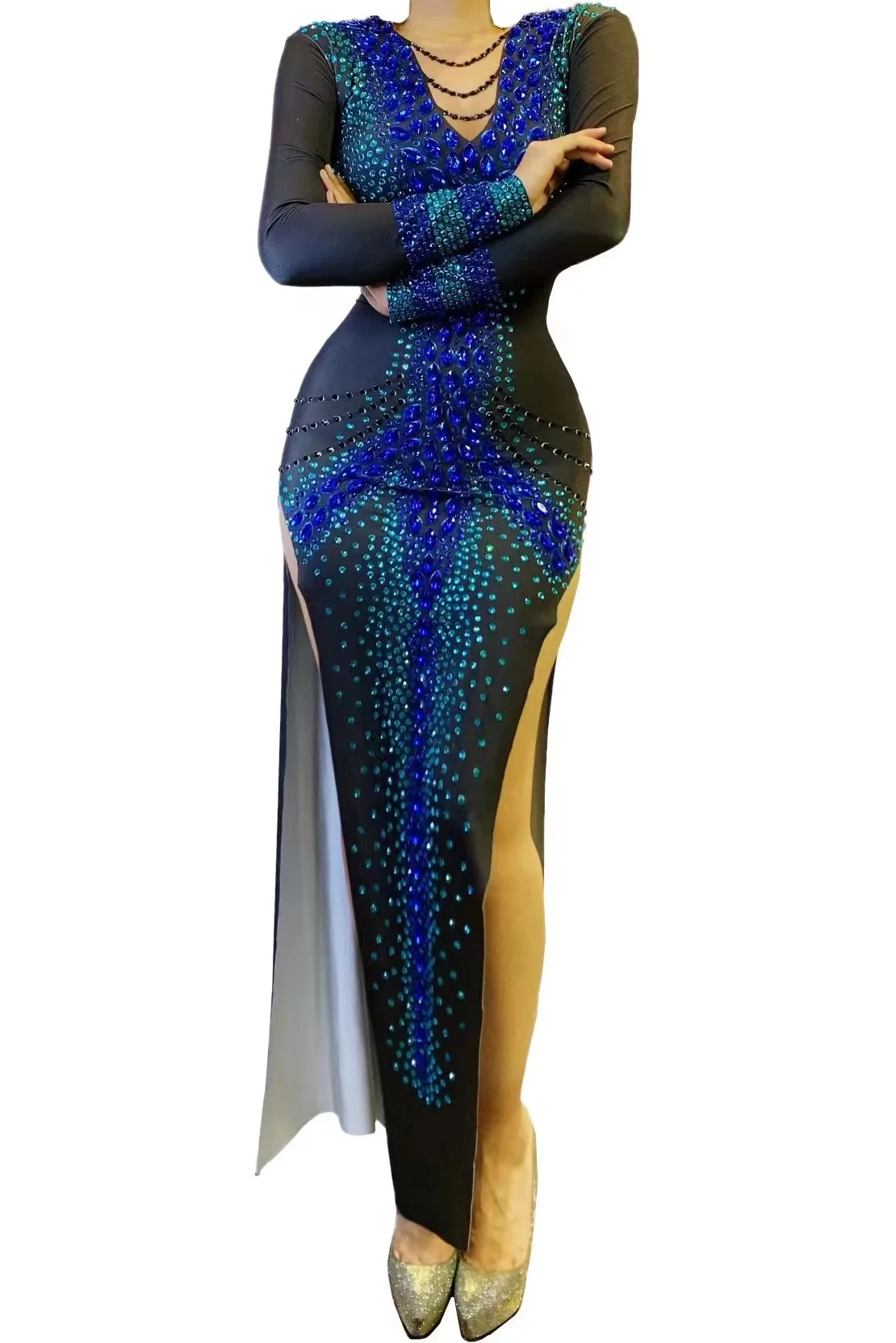 

Наряд для выступлений, ночной клуб, бар, певица, полный ромбовидный разрез, длинный рукав, обернутые ягодицами, длинная юбка, модель взлетно-посадочной полосы