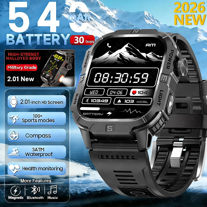 

Новые мужские смарт-часы 2026 года с GPS, военным режимом, компасом, водонепроницаемостью 3ATM, 100+ спортивными режимами, измерением пульса, звонками по Bluetooth, AMOLED HD-экраном 2,01 дюйма