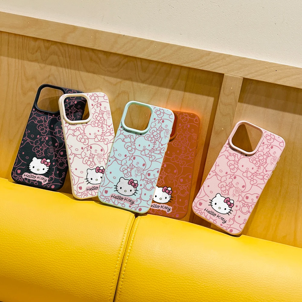 Cartoon cute H-Hello K-Kitty Lichee leather pattern Phone Case For iPhone 17 16e 16 15 14 13 12 11 Air Pro Plus Shockproof Cover