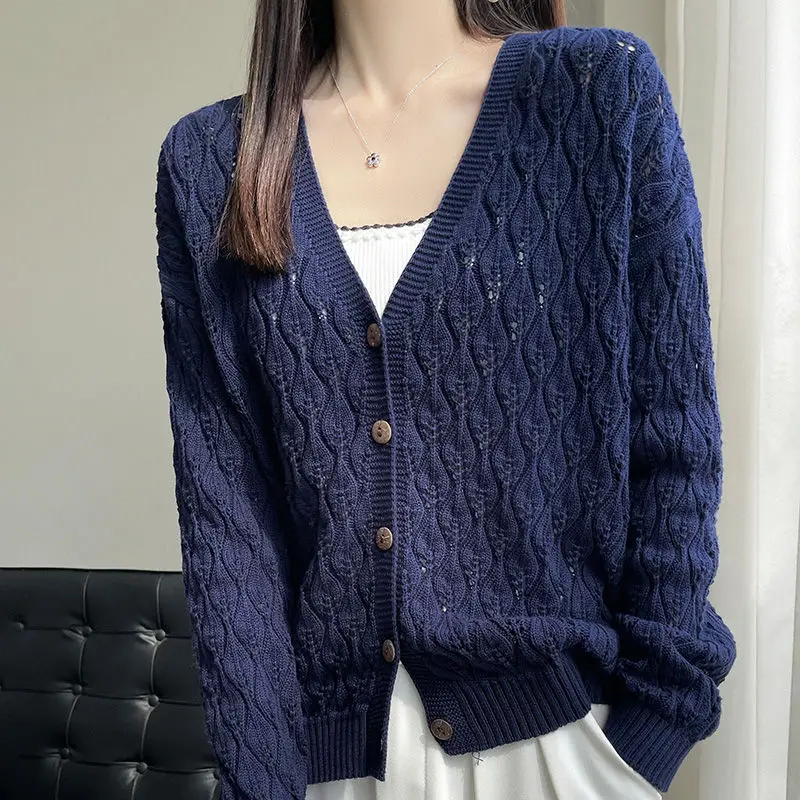 

Свободный женский кардиган с защитой от солнца, европейский стиль, вязаный свитер, корейская версия, с длинными рукавами, V-образный вырез