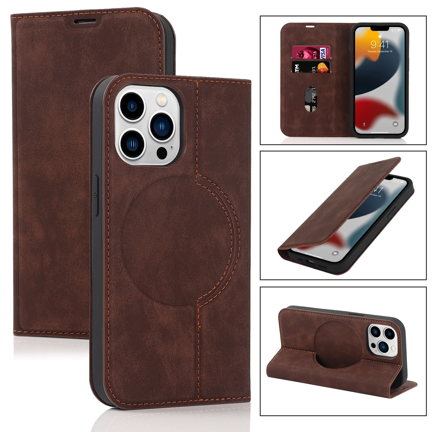 HQBBRO Magnetische Leder-Geldbörsen-Telefonabdeckung für iPhone 16 Pro Max 14 Plus 13 15 12 für Magsafe Wireless Charging Stand Card Solt Case 7