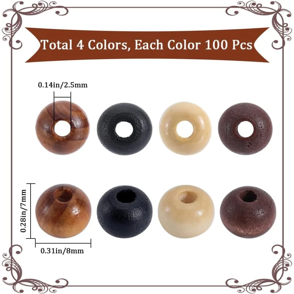 400Pcs 4 Styles Round Natural Wood Beads 8mm Wooden Loose Bead Colorful Unfinished Spacer Beads Craft Hair Beads