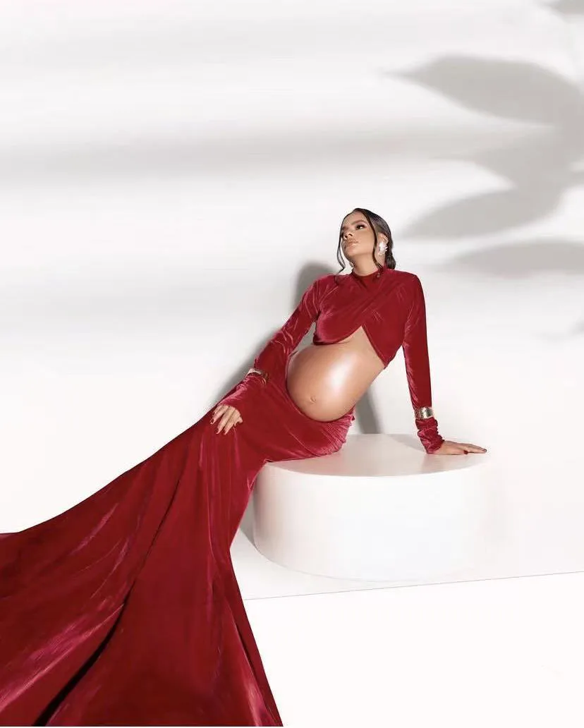 2 Pieces Mermaid Pregnant Dress Sexy Custom Made Dark Red Maternity Dresses Photoshoots Velvet Full Sleeves Maternity Gowns Long
