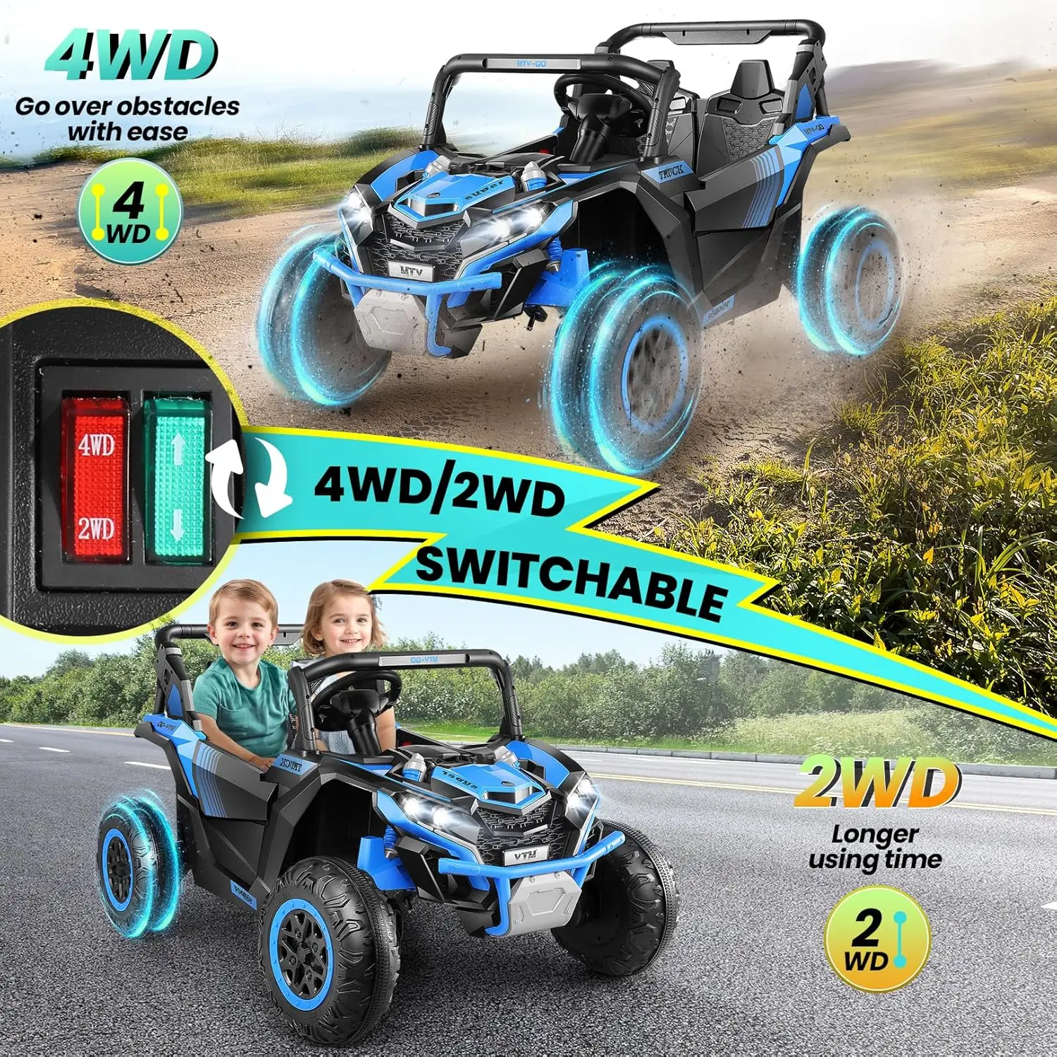 24V Electric Ride on UTV Car with Remote Control, Kids 24V Ride on Toys with 2 Seat-20 Spacious Seat, 4WD/2WD Switch