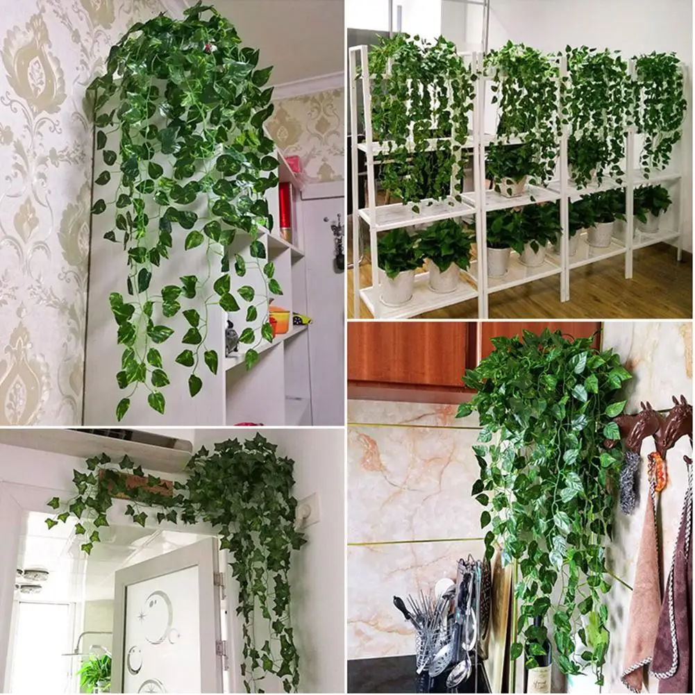 Plantas colgantes artificiales de vid de hoja de 2M, hojas de hiedra falsa de seda Liana para pared, guirnalda verde, decoración del hogar, fiesta V F4S2