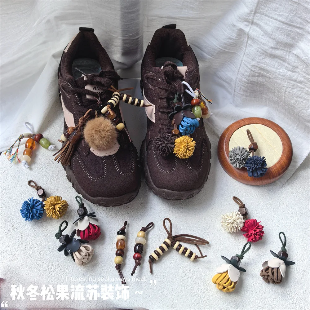 Shoe Decor Tassel Beaded Wood Pinecone Pompon Fluffy for Casual Sneakers Loafers Premium Durable Adjustable Lightweight