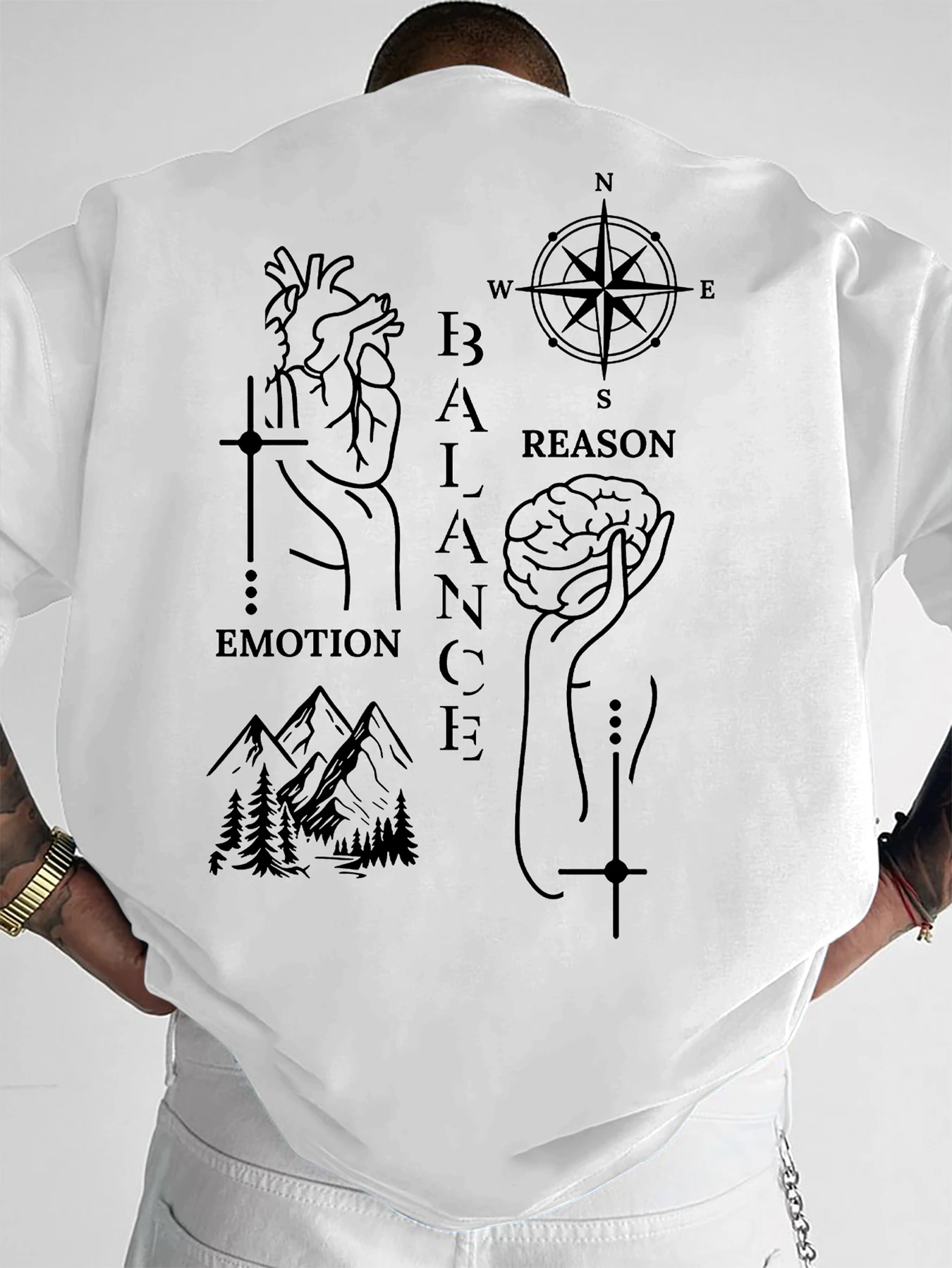 Men's Spiritual Balance T-Shirt Hand Brain Heart Print Crew Neck Short Sleeve Polyester Tops with Compass S-XXL