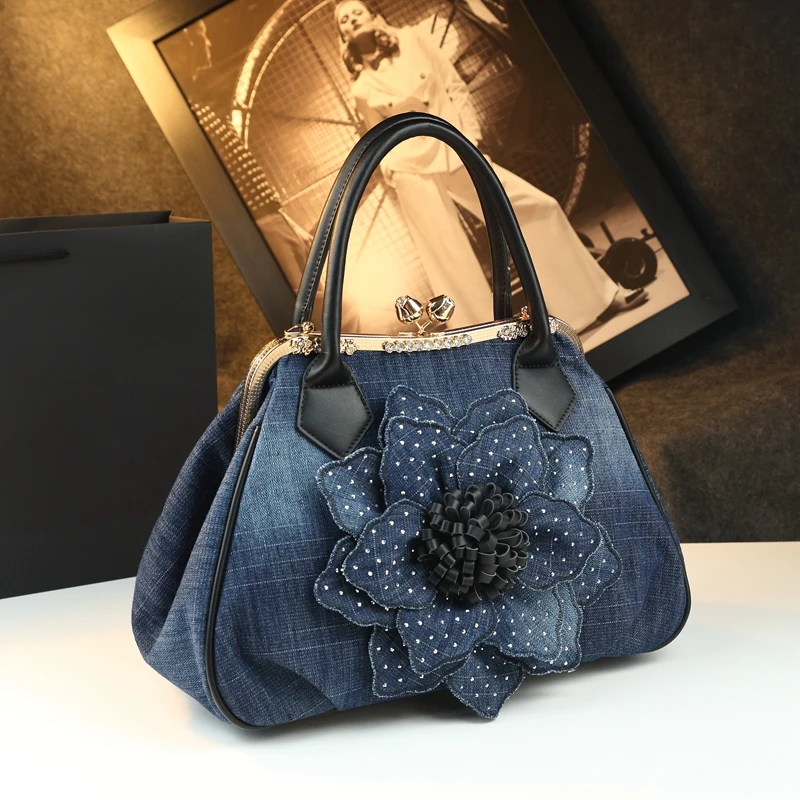 Luxury 2025 Fashion Denim Women's Handbags Large Capacity Flower Denim Diamond-Embedded Shoulder Crossbody Bags