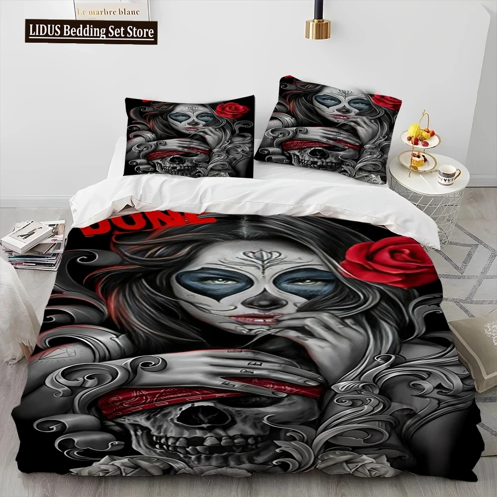 

3D Horror Gothic Female Skull Dead Girl Comforter Bedding Set,Duvet Cover Bed Set Quilt Cover Pillowcase,Queen Size Bedding Set