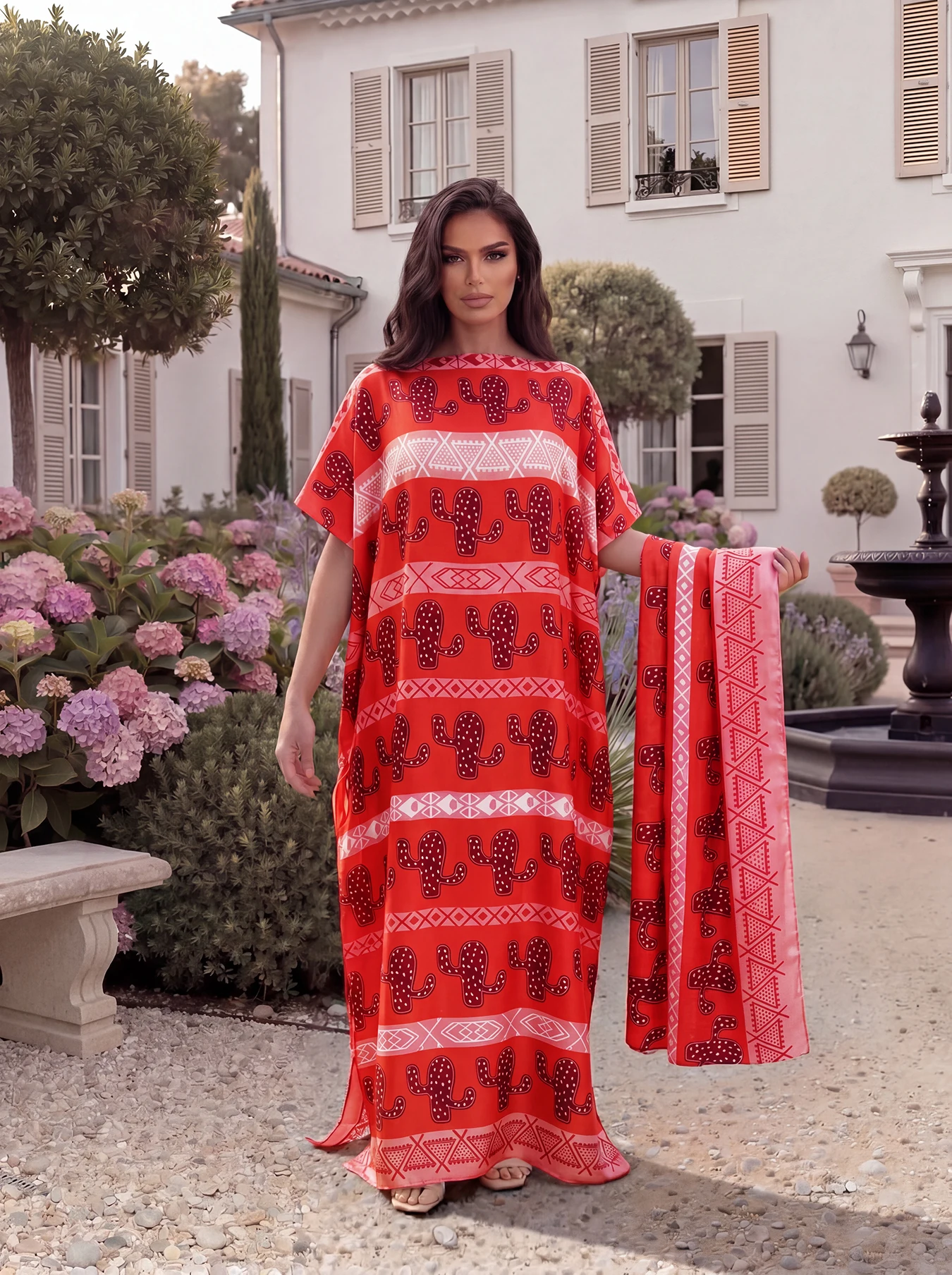 Boho Striped Cactus Print Satin Abaya & Scarf Set, Loose Batwing Maxi Kaftan for Muslim Women Summer Beach Holiday Daily Wear