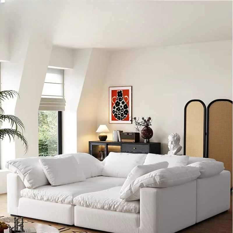 

Sofa cream down linen fabric sofa white simple