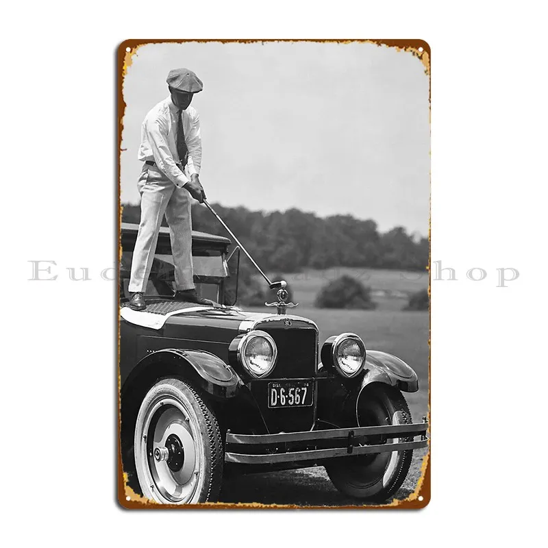 Golfer Teeing Off On Top Of A Car Black And White Vintage Golf Poster Metal Plaque Bar Designs Tin Sign