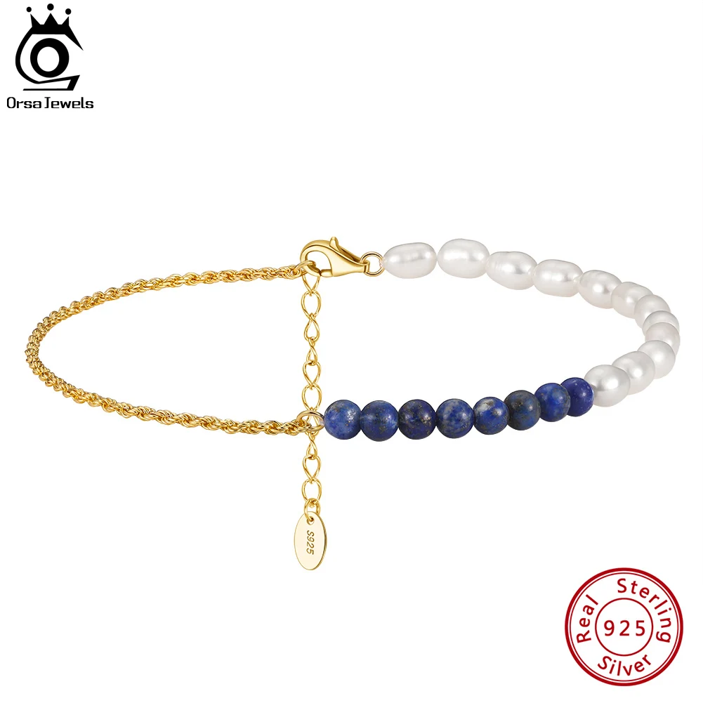 

ORSA JEWELS 925 Silver Lapis Lazuli Anklet Natural Pearls Foot Chain Barefoot Summer Beach Ankle Straps Foot Accessories SA56