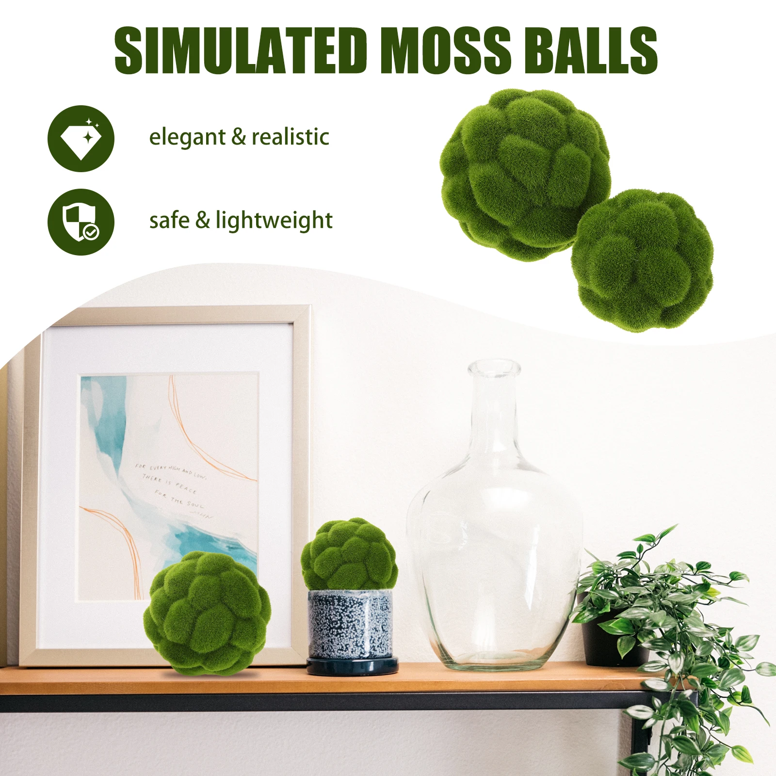 

2pcs Balls Faux Decorative Green Topiary Dried Mossy Lightweight Mossy Ball Ornament Craft Decor