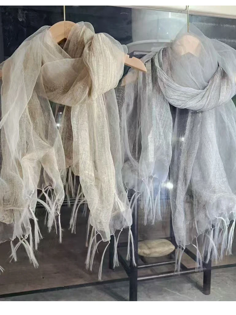 エレガントなロング軽量ショールスカーフ女性用韓国スタイル多用途春夏写真撮影用流れるようなタッセルトリムスカーフ