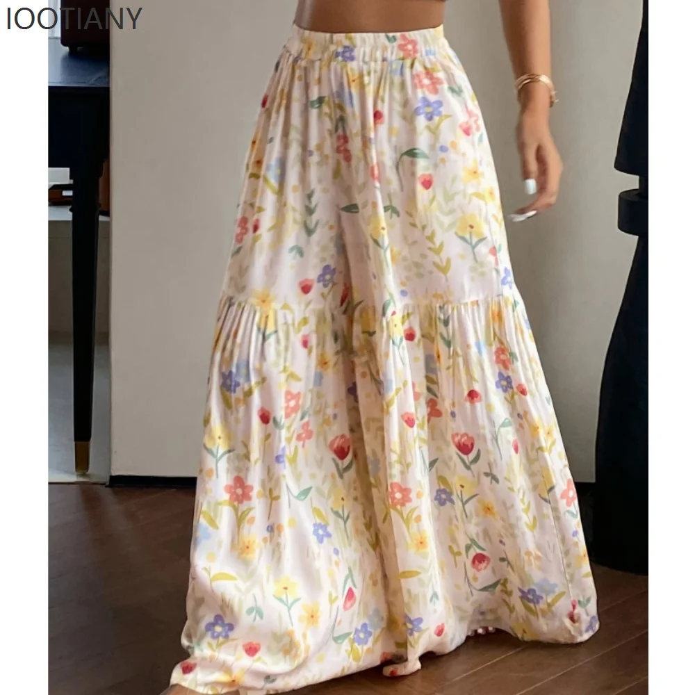 

2026 Floral Wide Leg Pants Women Summer High Waist Loose Chiffon Trousers Y2K Aesthetic Flowy Boho Straight Pants Streetwear