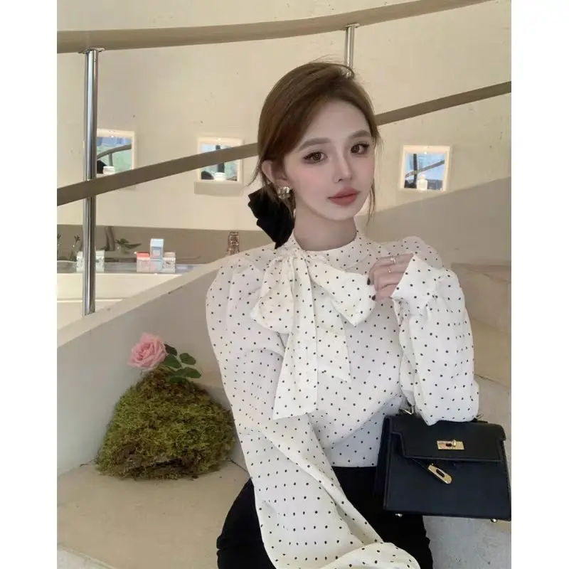 Fashion Bow Blouse 2024 New Spring Autumn Fashion Polka Dot Chiffon Half Height Collar Long Sleeve Shirts Women Clothing Elegant