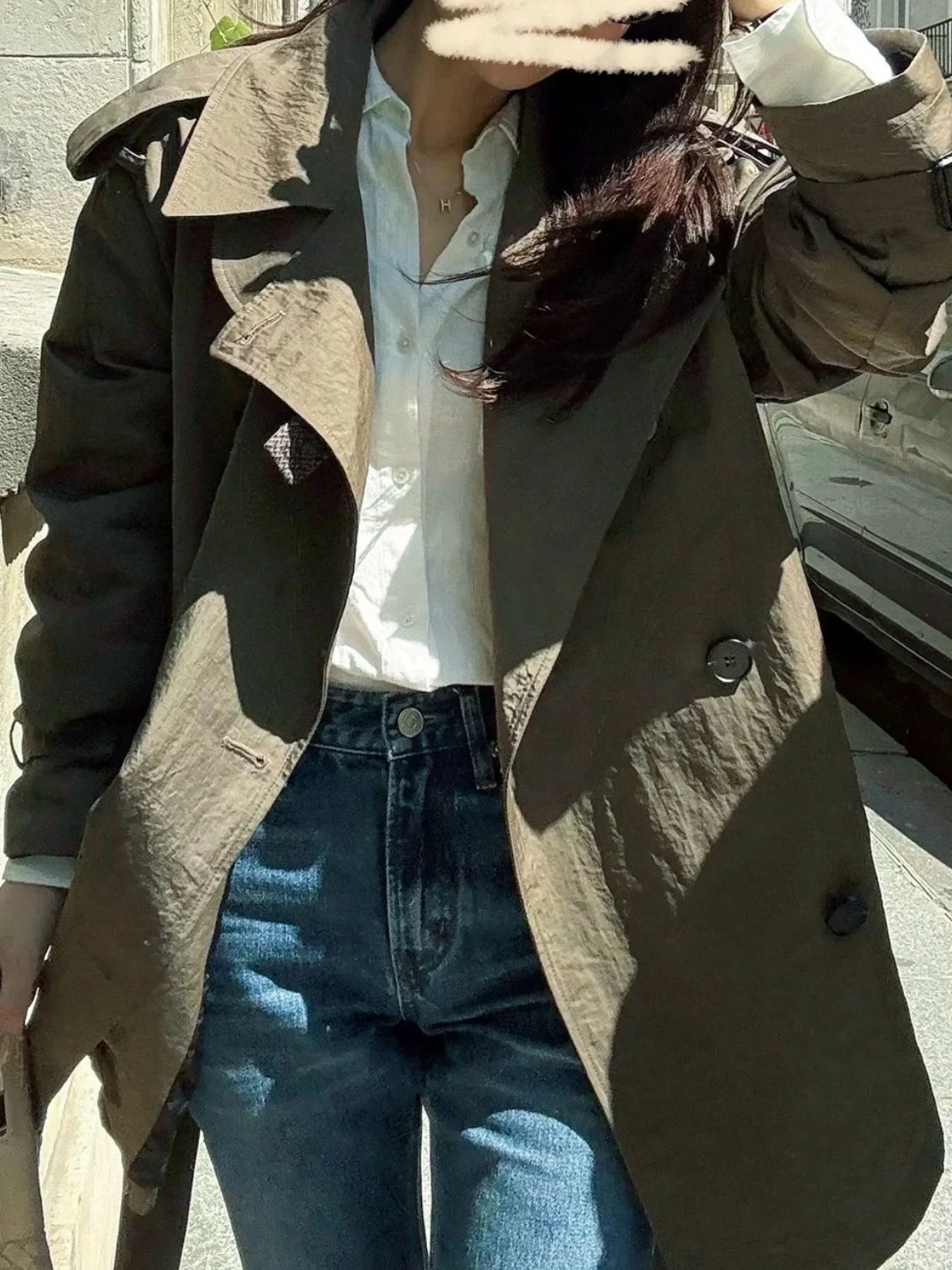 

Classic A-Line Coat Double-Breasted Belted Collar Versatile Mid-Length Retro Outerwear for Women Briti Sle Commute Faion