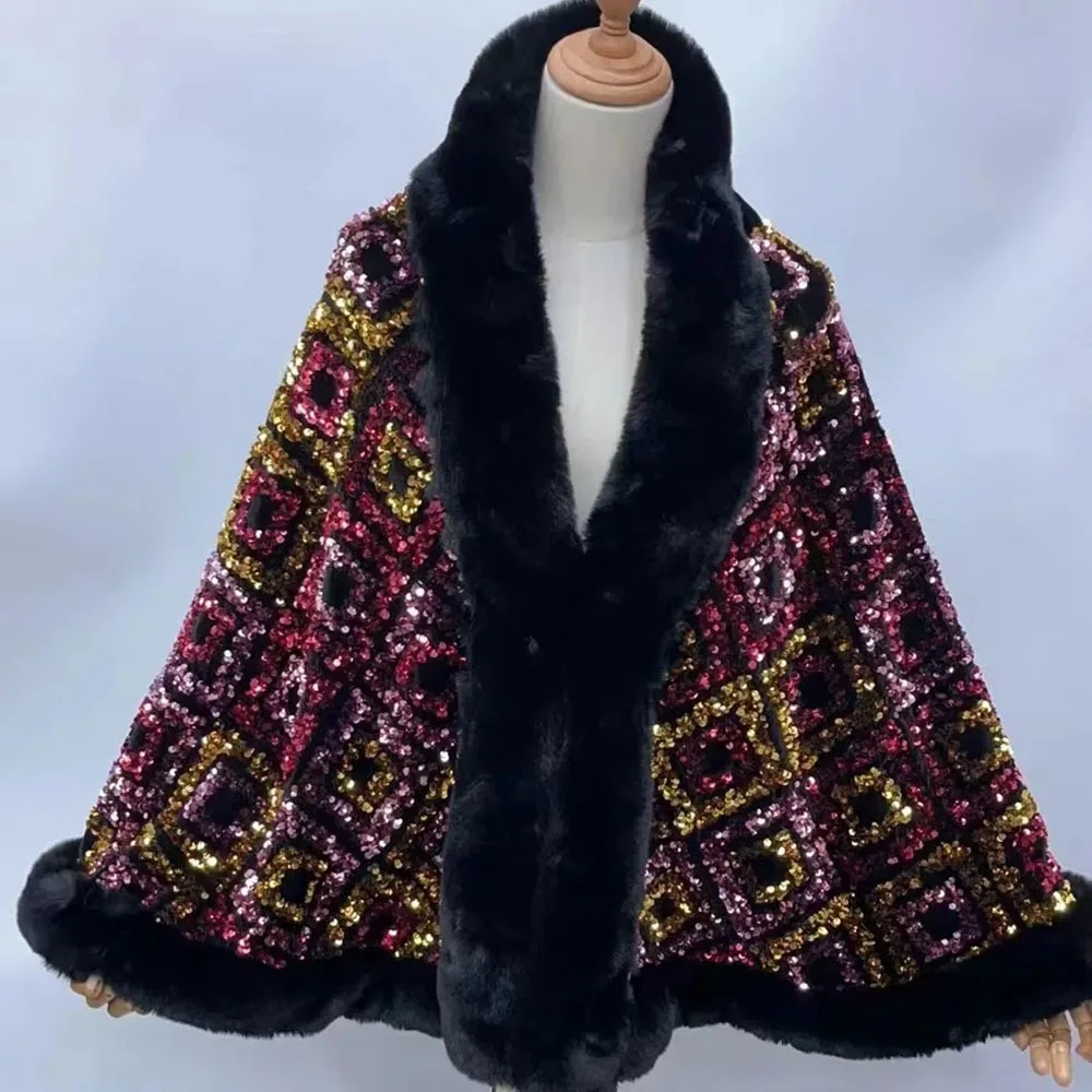 2023 Autumn Ponchos Women Fashion Purple Sequins Faux Rabbit Fur Collar Cloak Women Party Overcoat Winter Thick Cape Shawl Coat