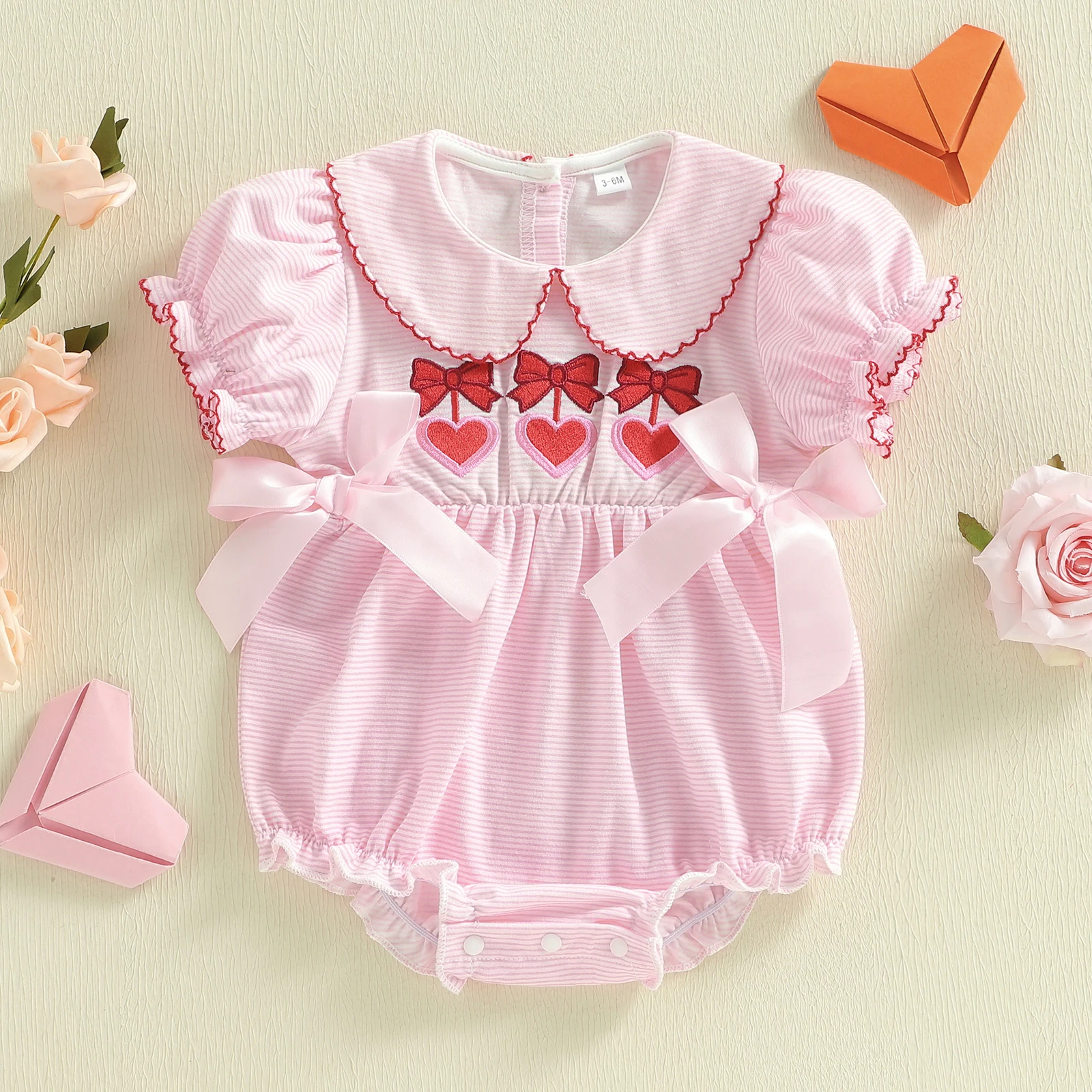 

Tregren 0-18M Newborn Baby Girl Striped Romper Heart Bow Embroidery Short Sleeve Doll Collar Infant Jumpsuit Valentine's Day