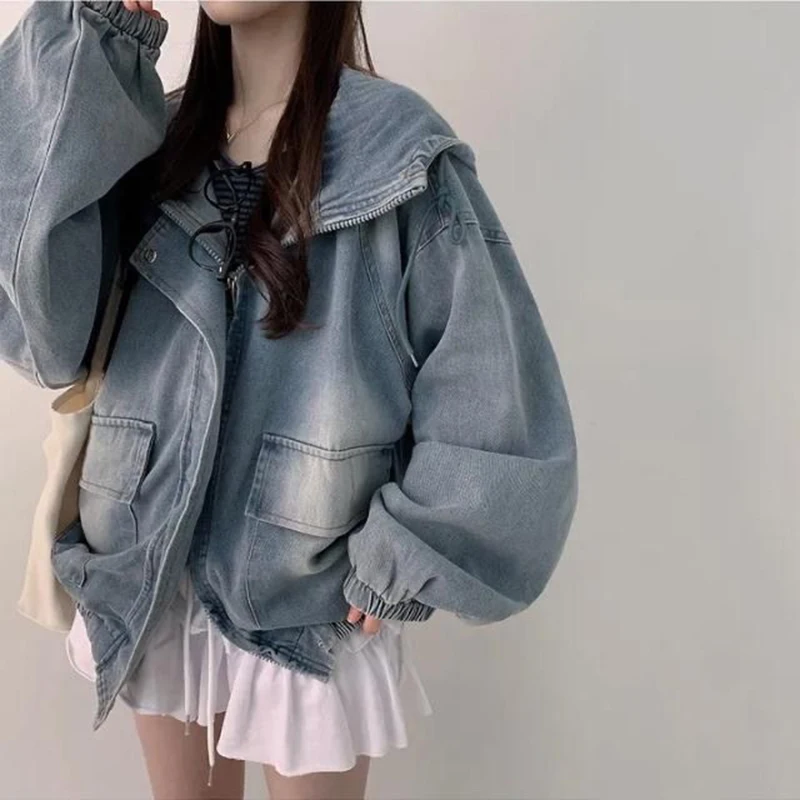 Vintage Loose Denim Jacket Women Lazy Wind Casual Zipper Hooded Jacket Autumn Streetwear Retro All Match Gradient Outwear Tops