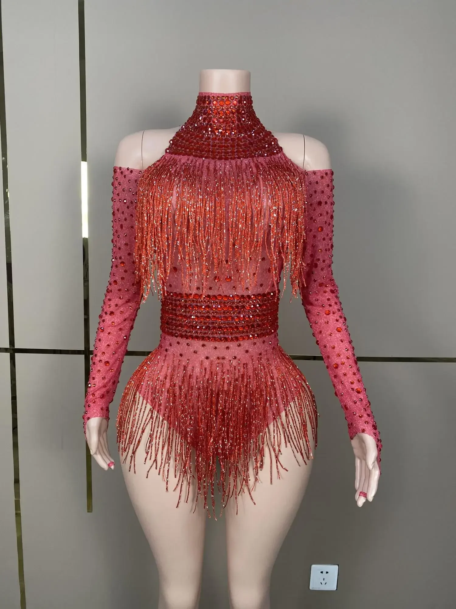 Red Rhinestone Sequin Tassel Short Long Sleeved Jumpsuits Prom Party Clothing Bodysuits Lady Fashion Dance Performance Costumes