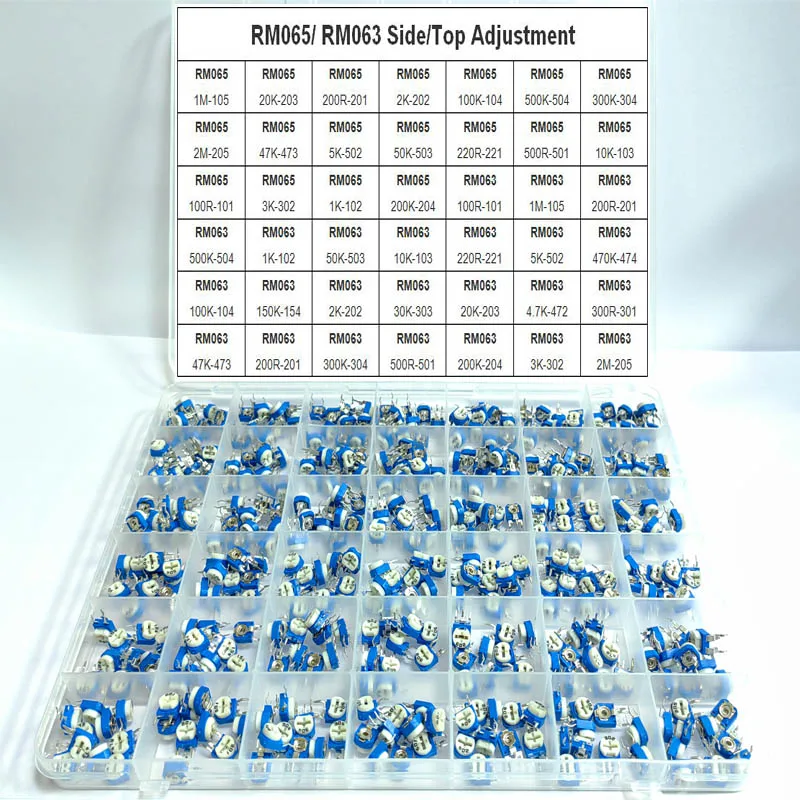 420Pcs/Box 42Values RM065 100R - 2M RM063 Carbon Film Horizontal Trimpot Potentiometer Assortment Kit Variable Resistor