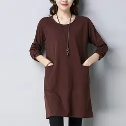 Spring Autumn New Fashion Basic Solid Color Pullovers T-shirt Casual All-match Loose Pockets O-Neck Midi Tops Women's Clothing