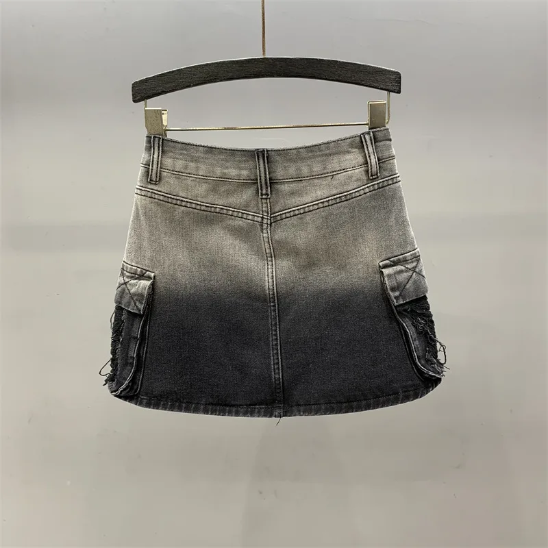 [ZOCI] Wear Black Gray Gradually Changing Color Denim Short Summer A-line High Waisted Workwear Skirt Trendy