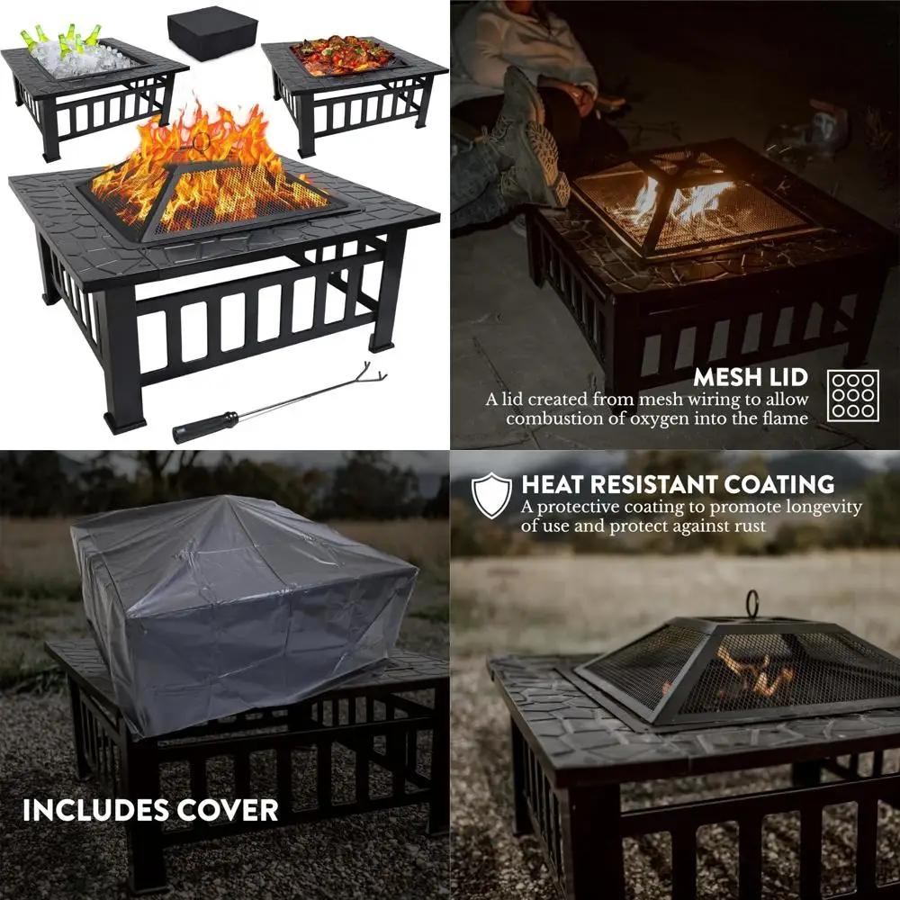 

GasOne 32-inch Metal Fire Pit - Modern Outdoor Fireplace with Screen - Perfect for Camping, Heating, Bonfires & Picnics