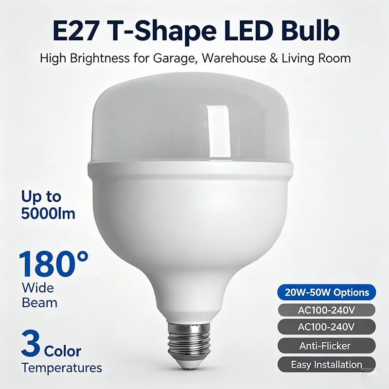E27 LED Light Bulb 2000-5000LM Bright 50W 40W 30W 20W T‑Shape AC100‑240V Anti‑Flicker PC Aluminum Lamp for Foyer Home Garage