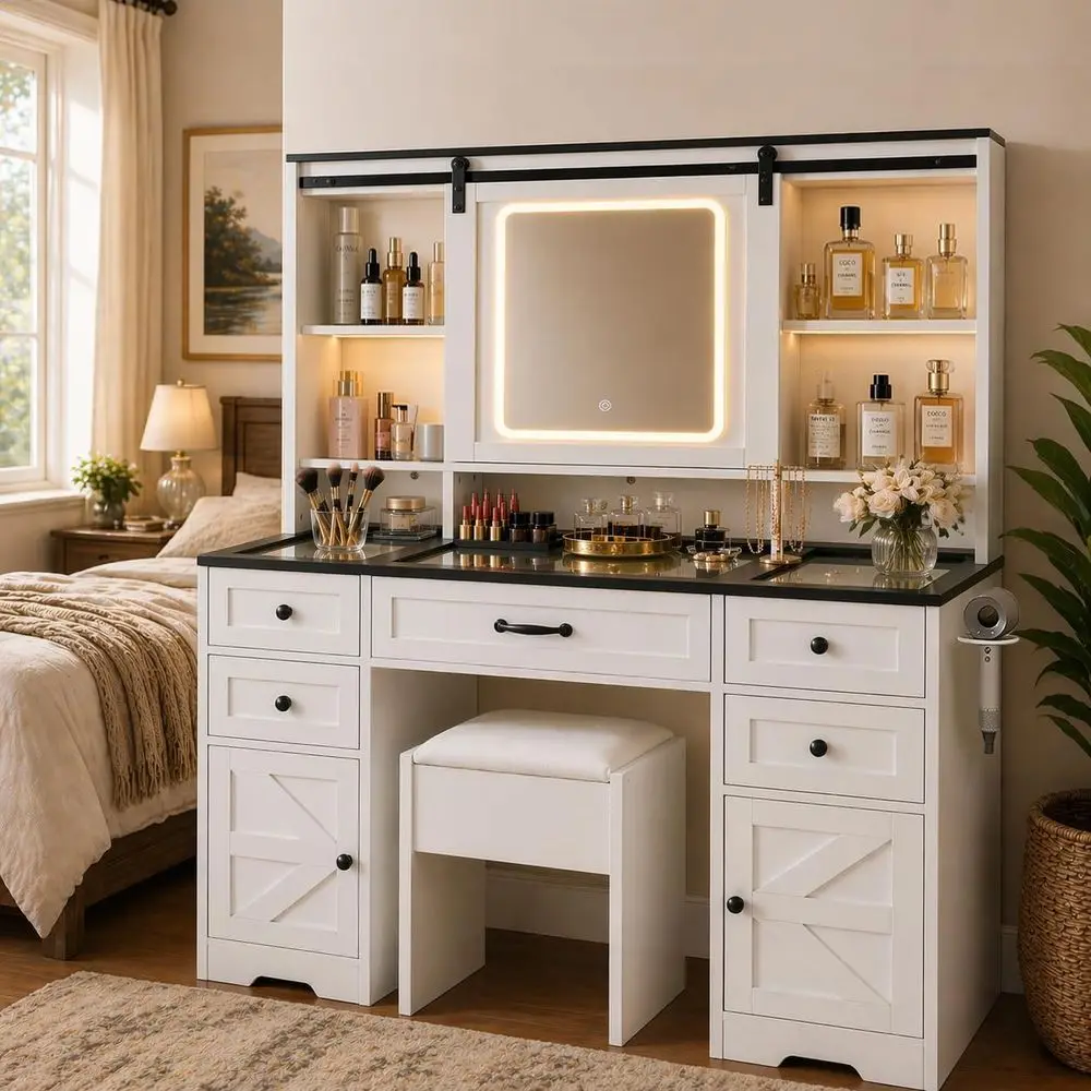 Adjustable Storage Makeup Desk with Sliding Mirror, Glass Top, Lighting, Outlet & Charging Station, 7 Drawers & Shelves