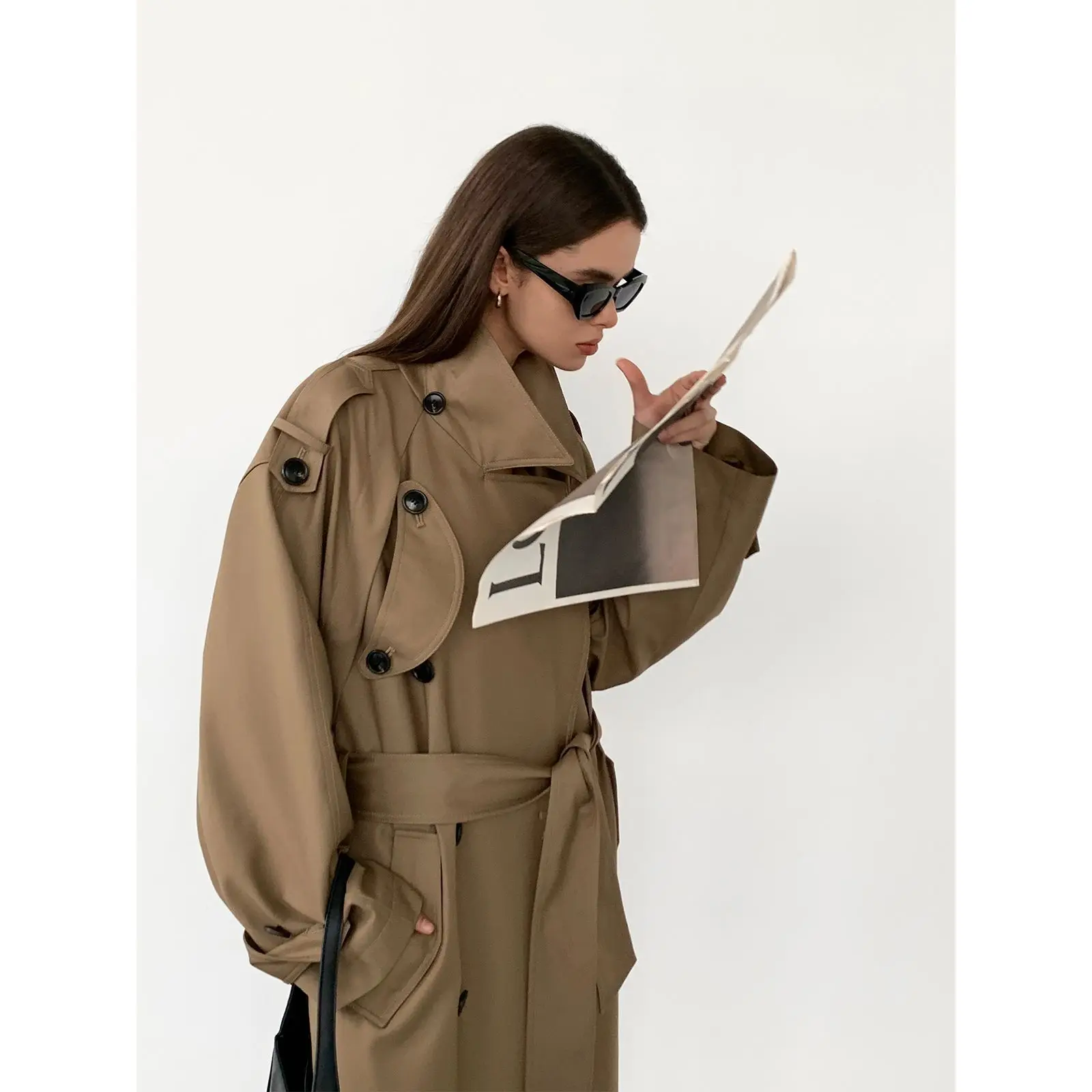 2025 New Spring Autumn Y2k Oversized Khaki Long Grey Trench Coat for Women Double Breasted Loose Casual Korean Fashion Overcoat