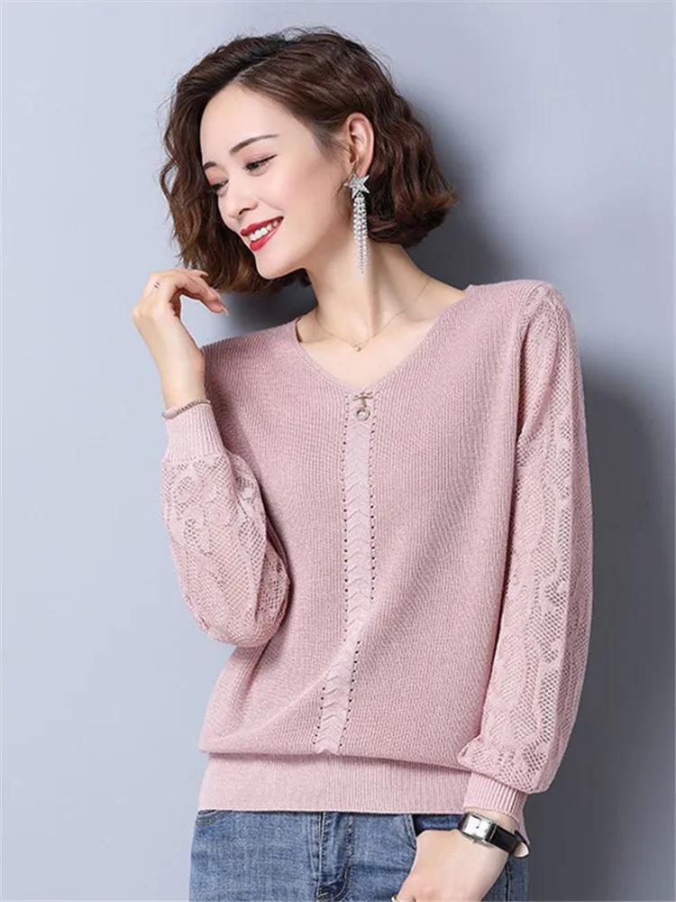 Women's Clothing Lace Knitted Sweaters Casual V-Neck Stylish Hollow Out Spring Autumn New Loose Long Sleeve Solid Color Jumpers