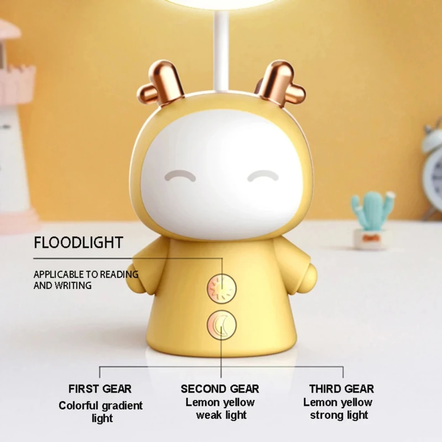 Lampu meja belajar Led anak, boneka kartun USB isi ulang baterai, lampu malam pelindung mata