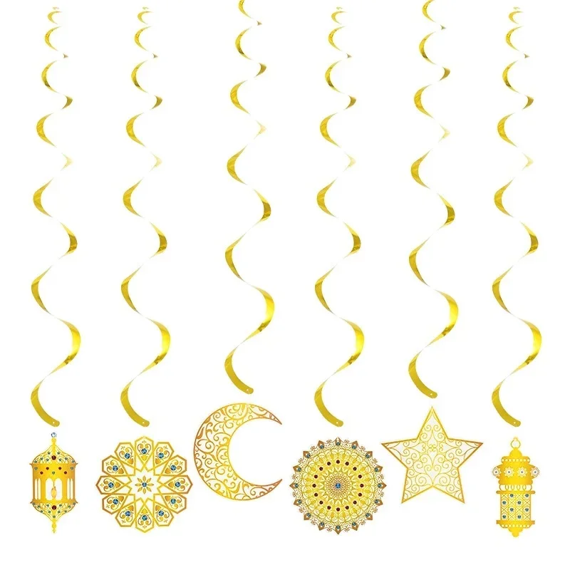 

6Pcs EID Mubarak Decoration Swirl Paper Banner Star Moon Ceiling Hanging Ornament Ramadan Kareem Islam Muslim Party Decoration
