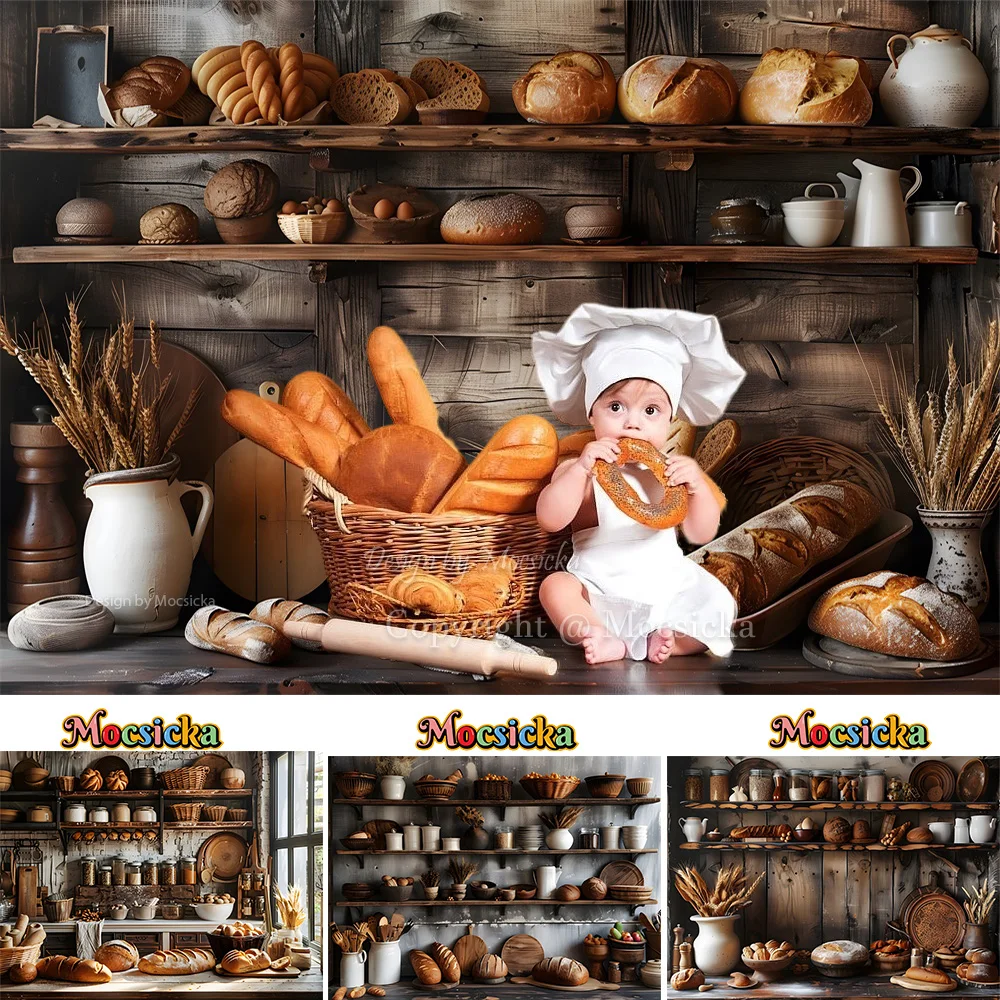 Mocsicka Photography Background Chef Baby Birthday Bread Party Backdrop Brown Wooden Cabinet Photobooth Kid Newborn Photo Studio