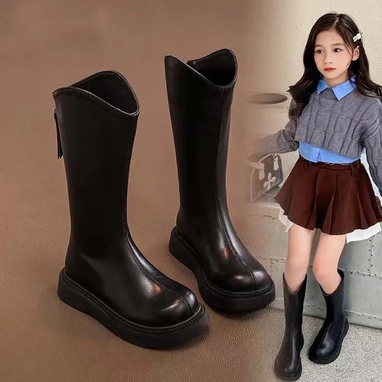 

2025 Autumn Winter New Girls Long Boots Children High Sleeve Boots British Style Kids Fashion Simple Solid Color PU Casual Boots