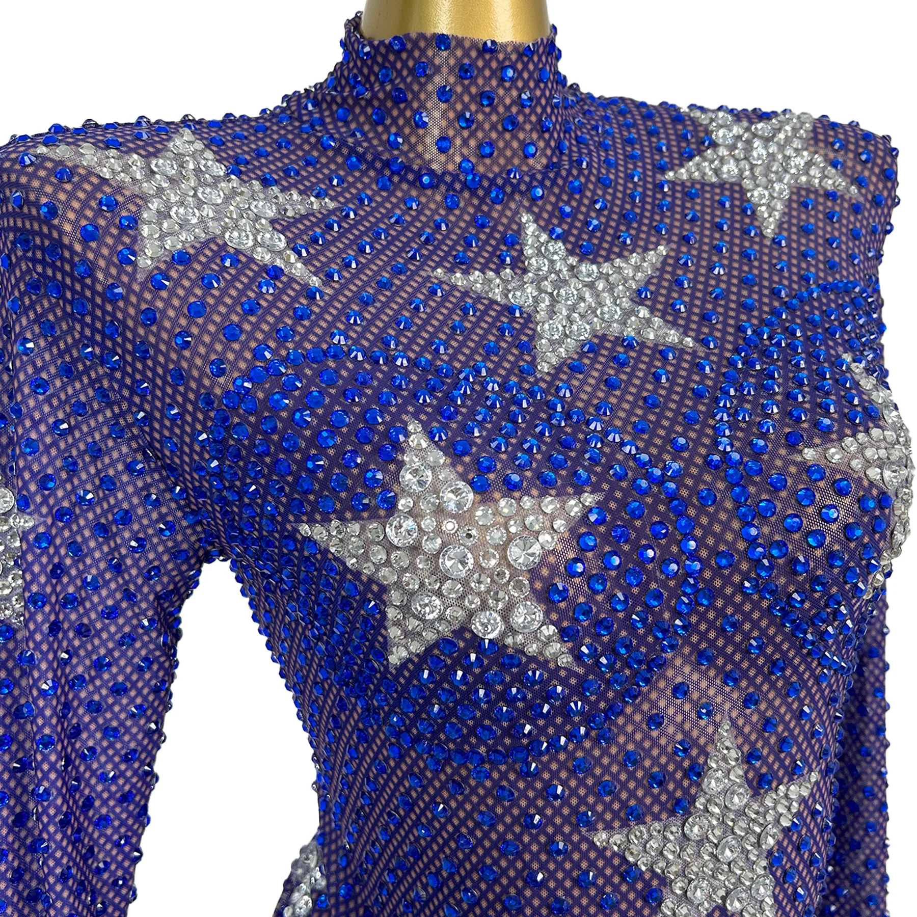 

Blue Mesh Star Tight Fitting High Cut Thong Leotard Sexy Women Dance Show See Through Mesh Sparkly Rhinestone Bodysuit Xingxing