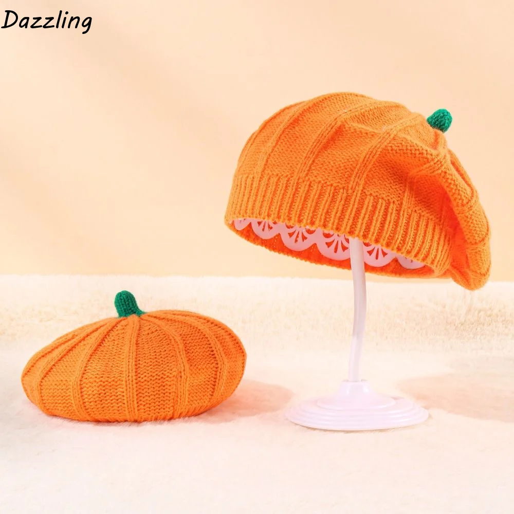 

Оранжевый вязаный берет-кепка в стиле художника с козырьком, теплая, для взрослых и детей, украшение на Хэллоуин