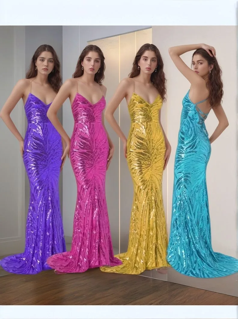 

Women's Party Sequin Sexy Dress V-neck Backless Strap Design Suspender Dress Banquet Skirt Tight Sexy Evening Dress