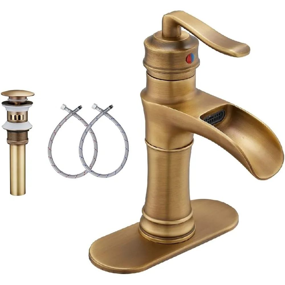 

Antique Brass Waterfall Bathroom Faucet, 1-Hole Modern RV Lavatory Mixer with Overflow Pop-Up Drain (1 or 3 Hole Compatible)