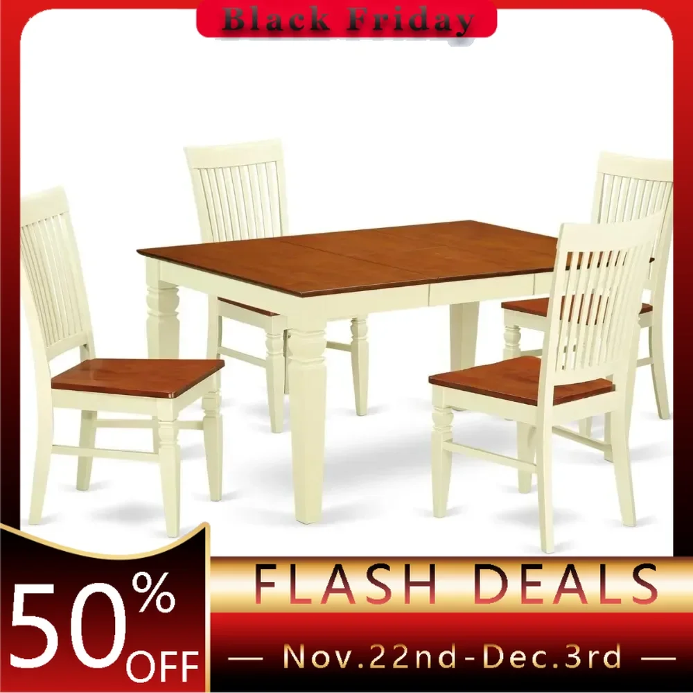 5 Piece Room Set a Rectangle Wooden Table with Butterfly Leaf and 4 Kitchen Dining Chairs, 42x60 Inch, Buttermilk & Cherry