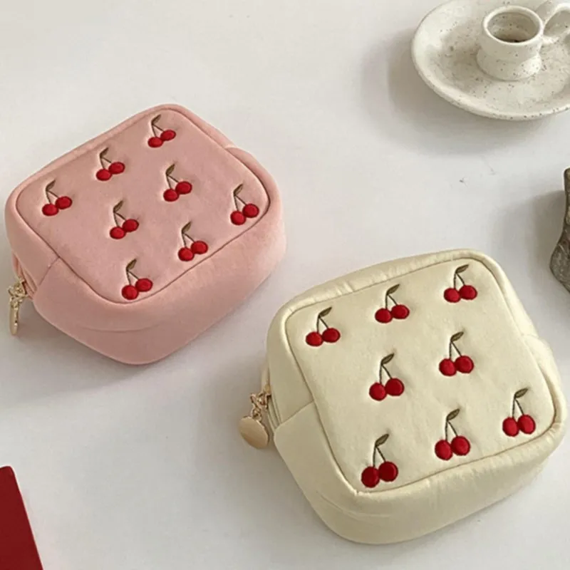 Cherry Embroidery Coin Purse PU Leather Trend Short Zipper Wallet Women Cute Mini Wallet Student Simple Fashion Wallets 2024