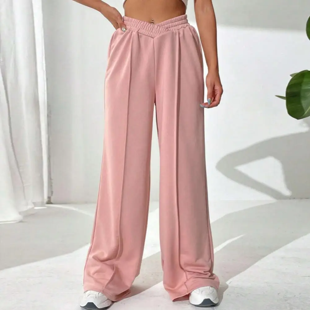 Elastic Waist Lounge Trousers Stylish Women's V-shaped High Waist Wide Leg Pants for Daily Wear Comfortable Loose Fit for A