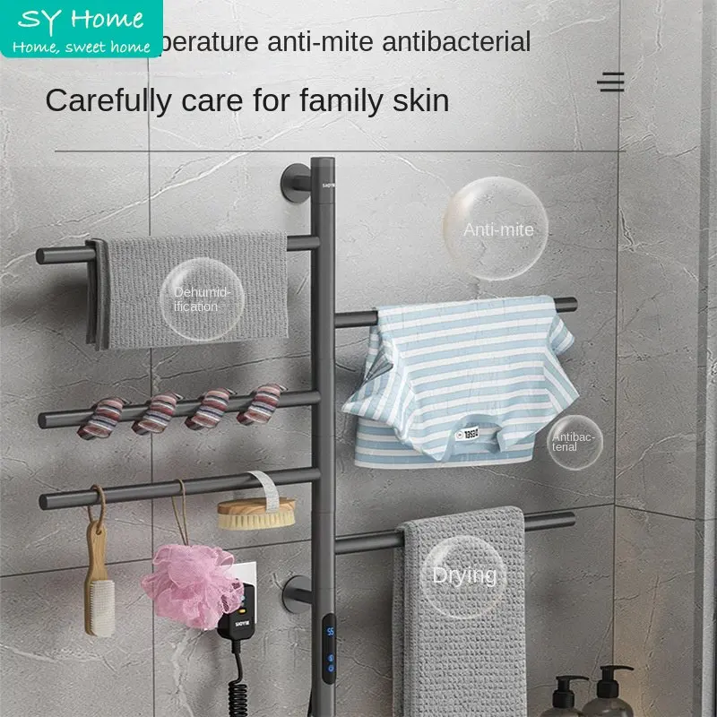 Carbon Fiber Electric Towel Dryer Intelligent Digital Display Wifi App Remote Control Nail-Free Rotatable Bathroom Warmer Rack