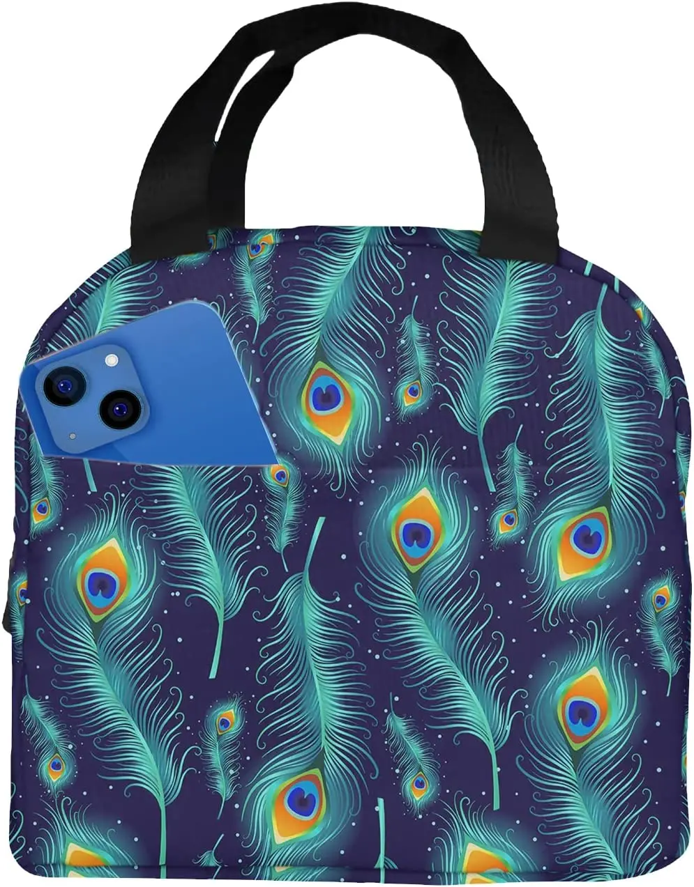 Peacock Feather Lunch Box Beautiful Animal Bird Kids Reusable Lunch Bag for Men Women Day Trips Beaches Sports Work One Size